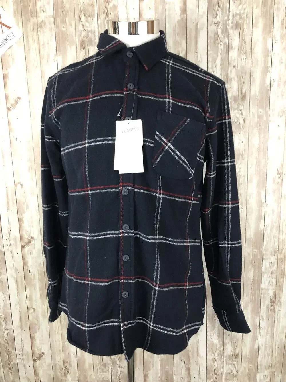 De Facto Shirt Mens Medium Button Up Flannel Pocket Winter Plaid Navy Blue N114